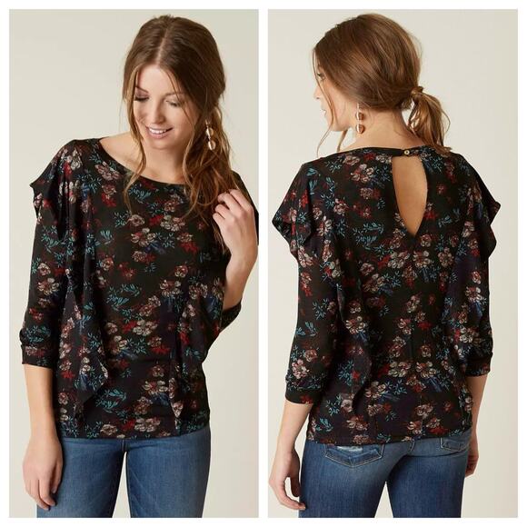 Free People Dock Street Black Floral Ruffle Blouse Womens Small - Picture 1 of 8